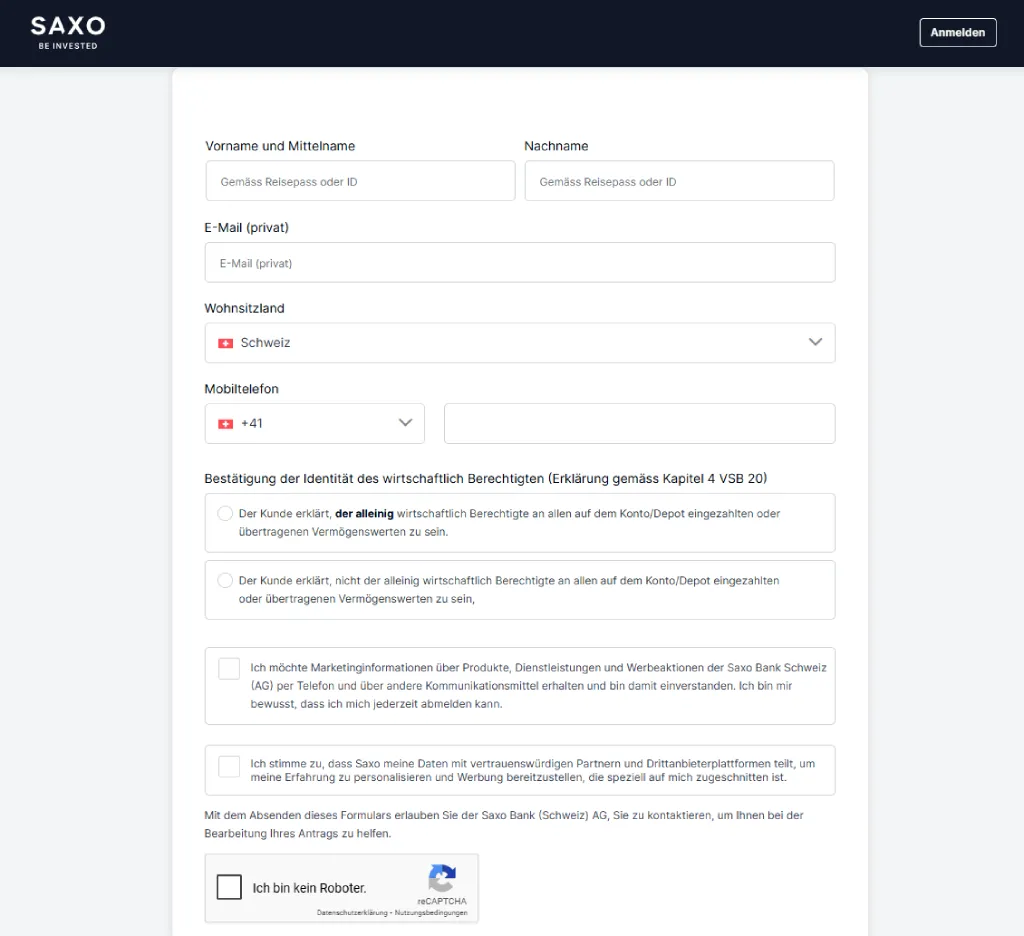 Online Formular für die Saxo Bank Konto Eröffnung