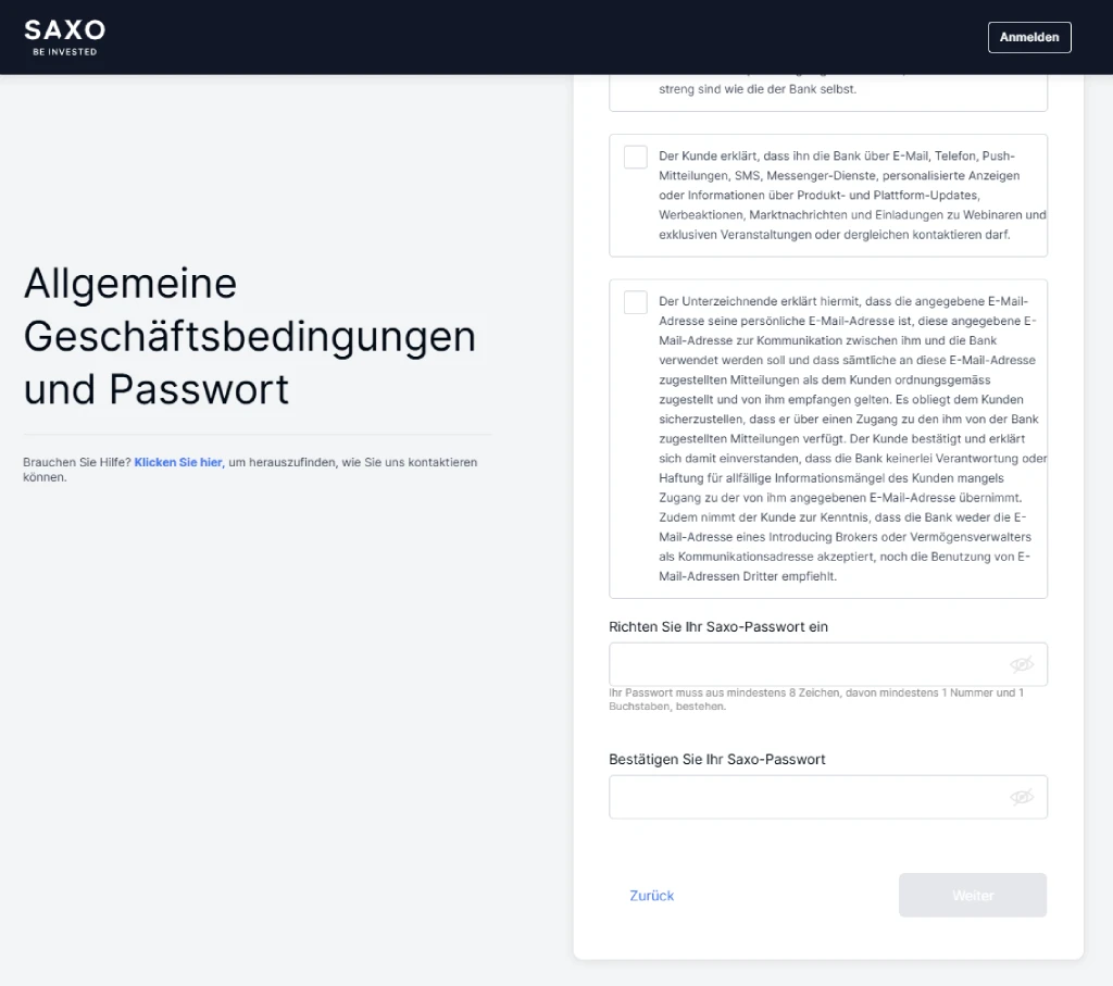 Saxo Anmeldung Passwort definieren