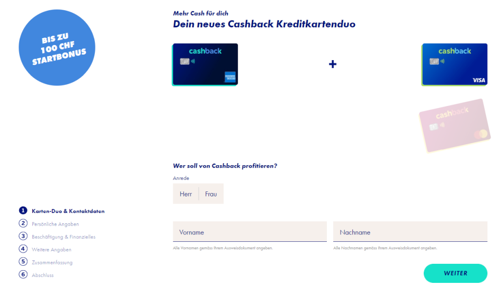 Swisscard Cashback Kreditkarten Antrag
Erhalte mit dem Code FC40X75VR
40.- Guthaben